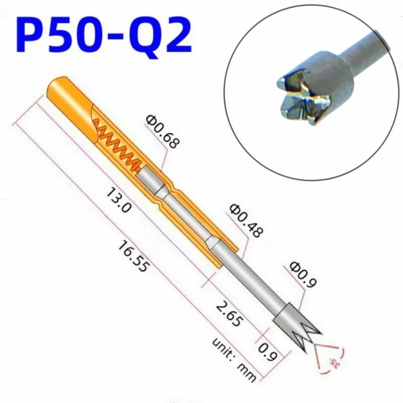 20/100PCS P50-Q2 Spring Test Probe Test Pin Pogo Pin P50-Q Electric ICT FCT PCB Test Tool 0.90/0.68/16.55mm Needle Crown TipHead