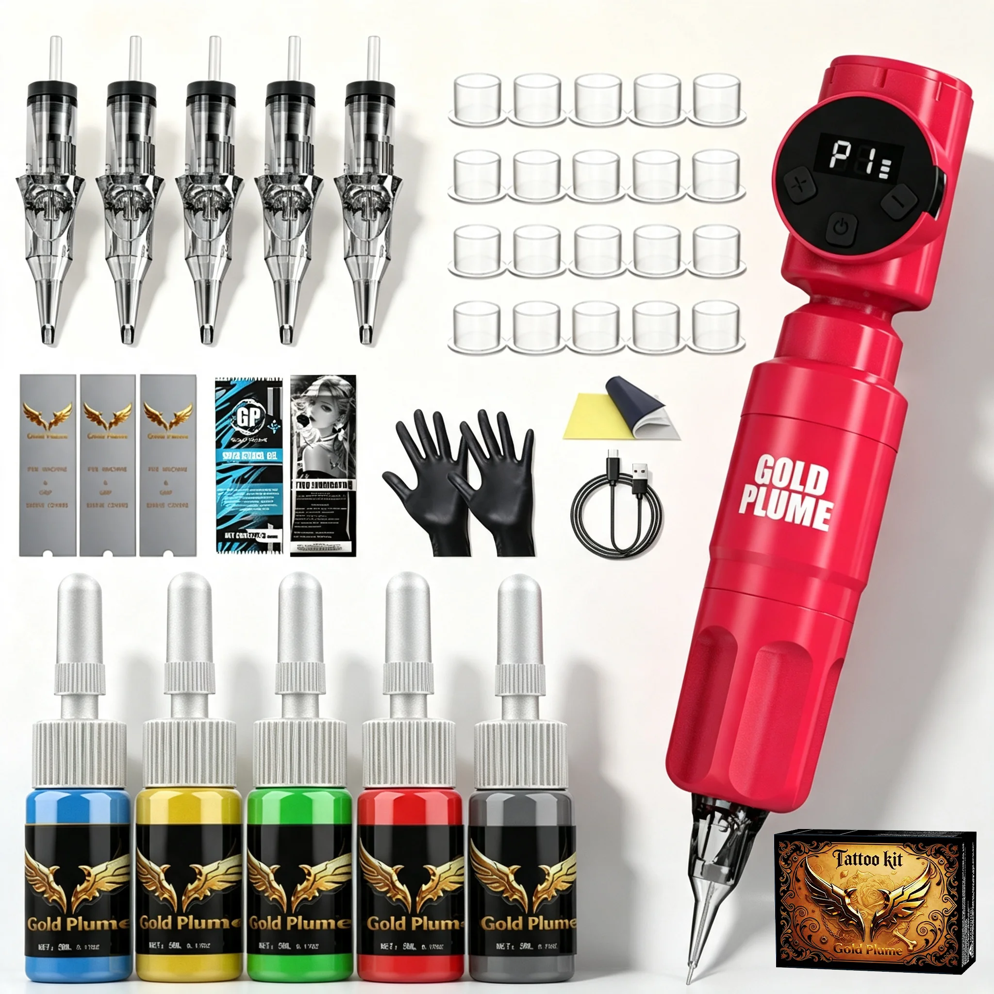 Tattoo Pen Rotary Tattoo Machine Starter Pack Built-In 1100Mah Rechargeable Battery Comes with Tattoo Cartridge Needles, 7-Color Ink & Complete Tattoo Accessories