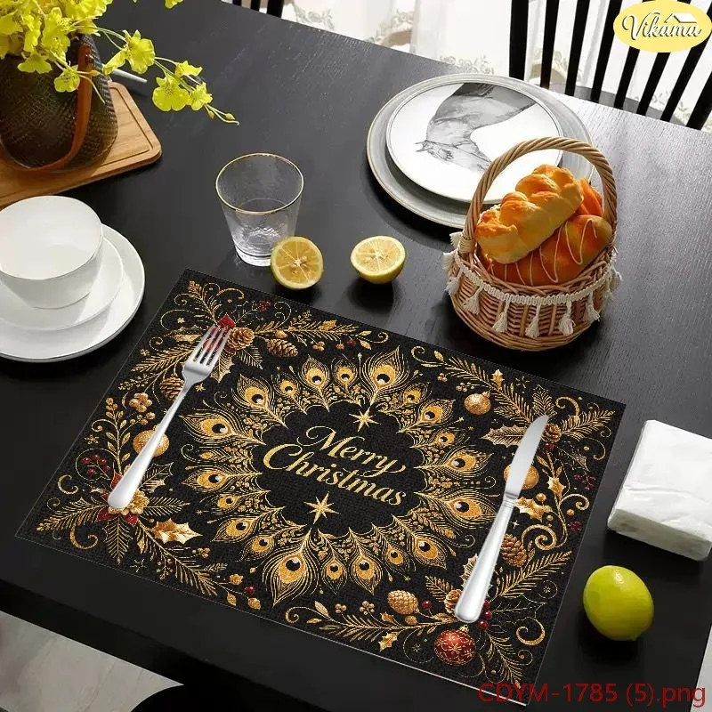 VIKAMA Christmas Placemats Black Gold Peacock Feather Pinecone Holly Merry Christmas Washable Dining Mat Winter Kitchen Decor