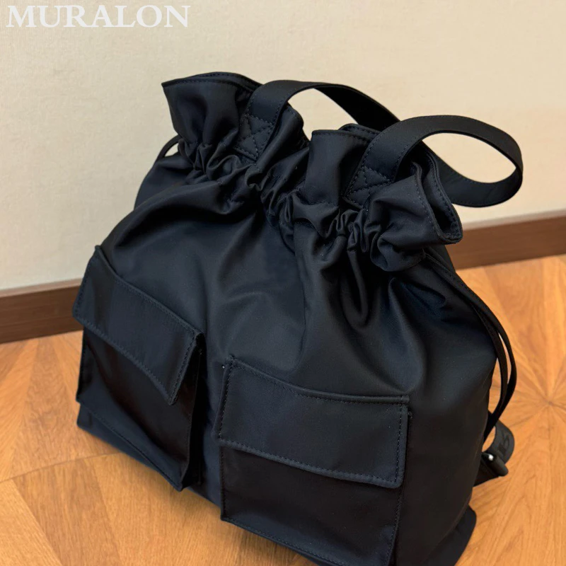 Drawstring Nylon Double Shoulder Bag Fashion Waterproof Large Capacity Travel Hiking Shopping Backpack Gym Underarm Bag Unisex