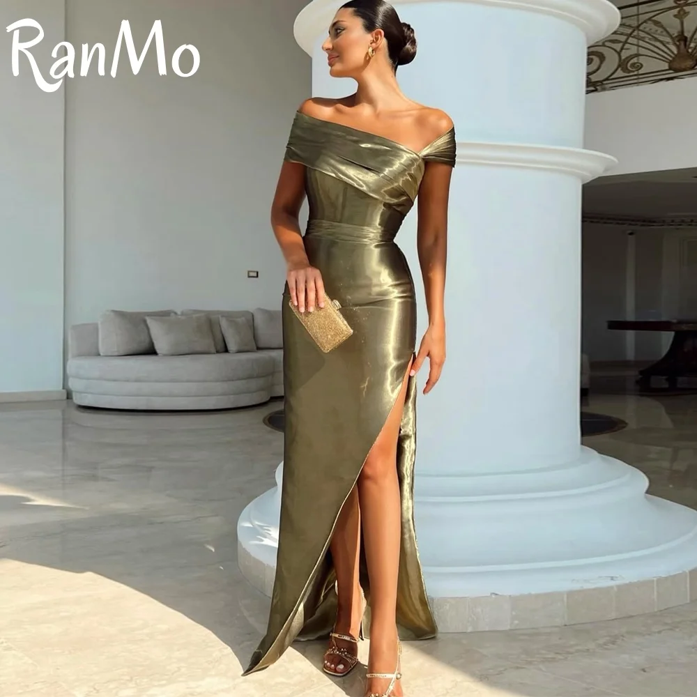 

Ranmo Elegant Off Shoulder Women Evening Dress 2025 Green High Split Ruched فساتين سهرة Pleat Prom Formal Party Gown