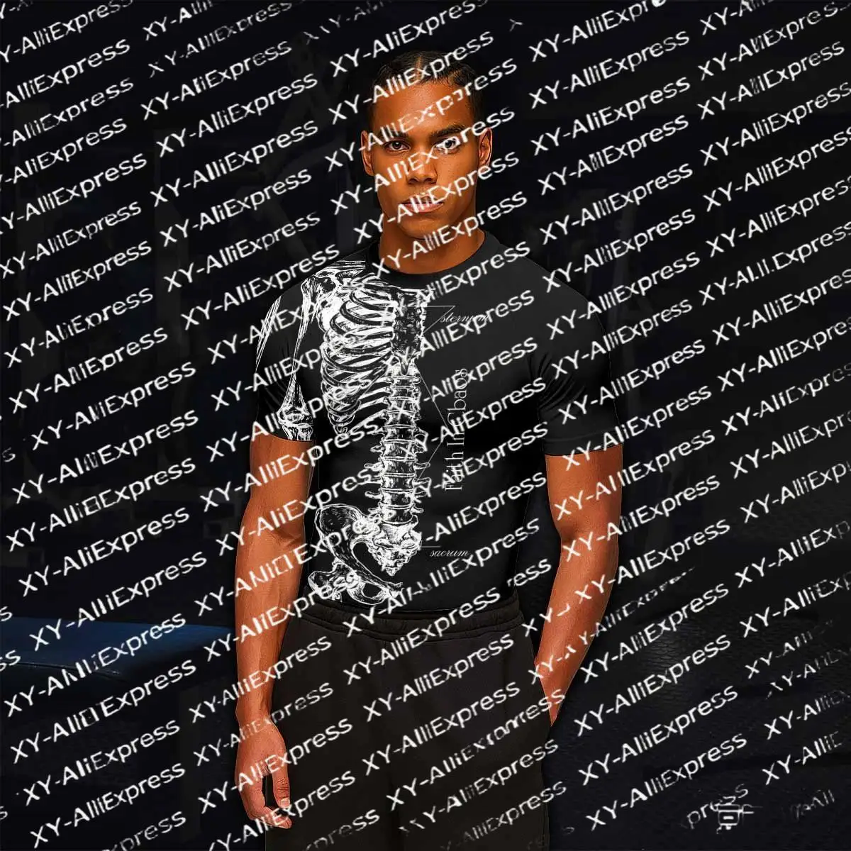 Goth Skull X-Ray Print Men's Slim Fit T-Shirt, Quick-Dry Gym Training Short Sleeve, Halloween Street Style Sports Fashion Top