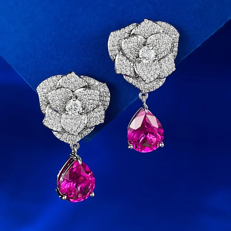 2023 New S925 Silver Full Diamond Camellia 9 * 11 Rose Earrings Women's Exquisite Versatile Style