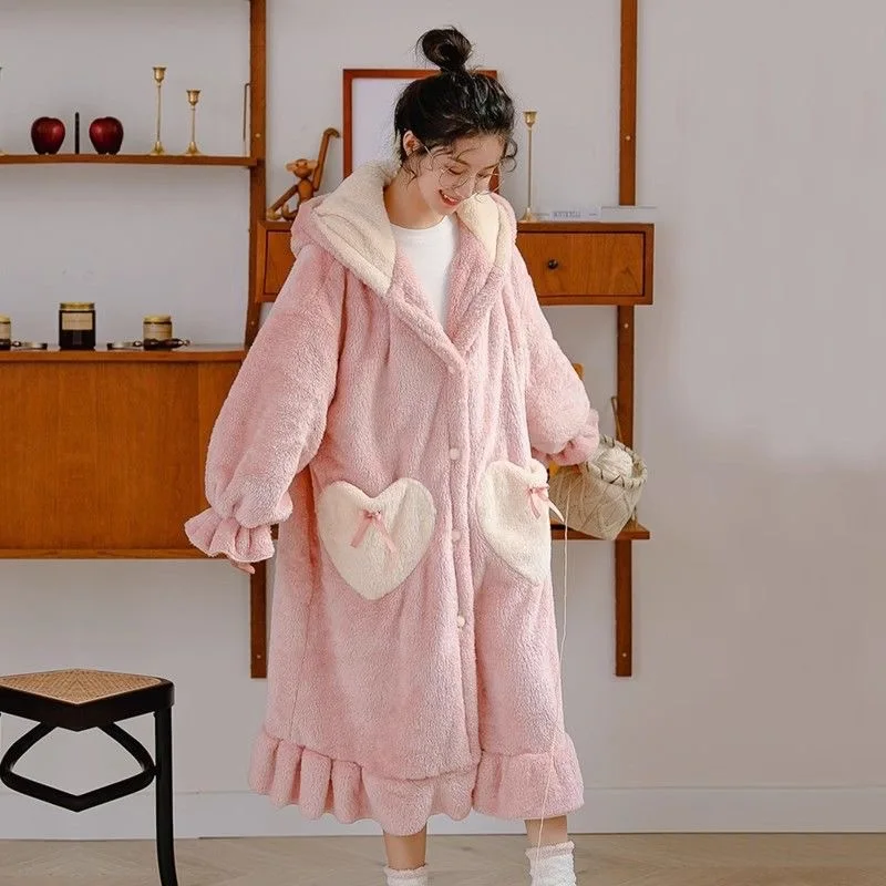 Kawaii Ladies Fluffy Plush Bath Robe Ruffle Cuff Hem Soft Warm Winter Nightwear Cute Coral Fleece Nightgown