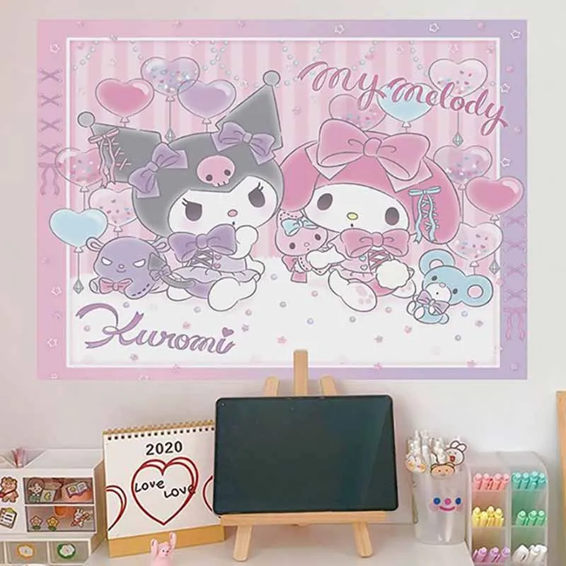 Sanrio Cartoon Poster Wall Stickers Girl Room Decoration Wall Stickers Hello Kitty Kuromi Cinnamoroll Bedroom Wall Decoration