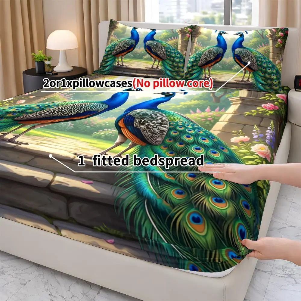 2D digital print three-piece bedding set (includes 1 fitted sheet + 2 pillowcases) mattress protector, fitted elastic style protective cover, mattress protector, fitted bedding set, garden peacock print fitted sheet set