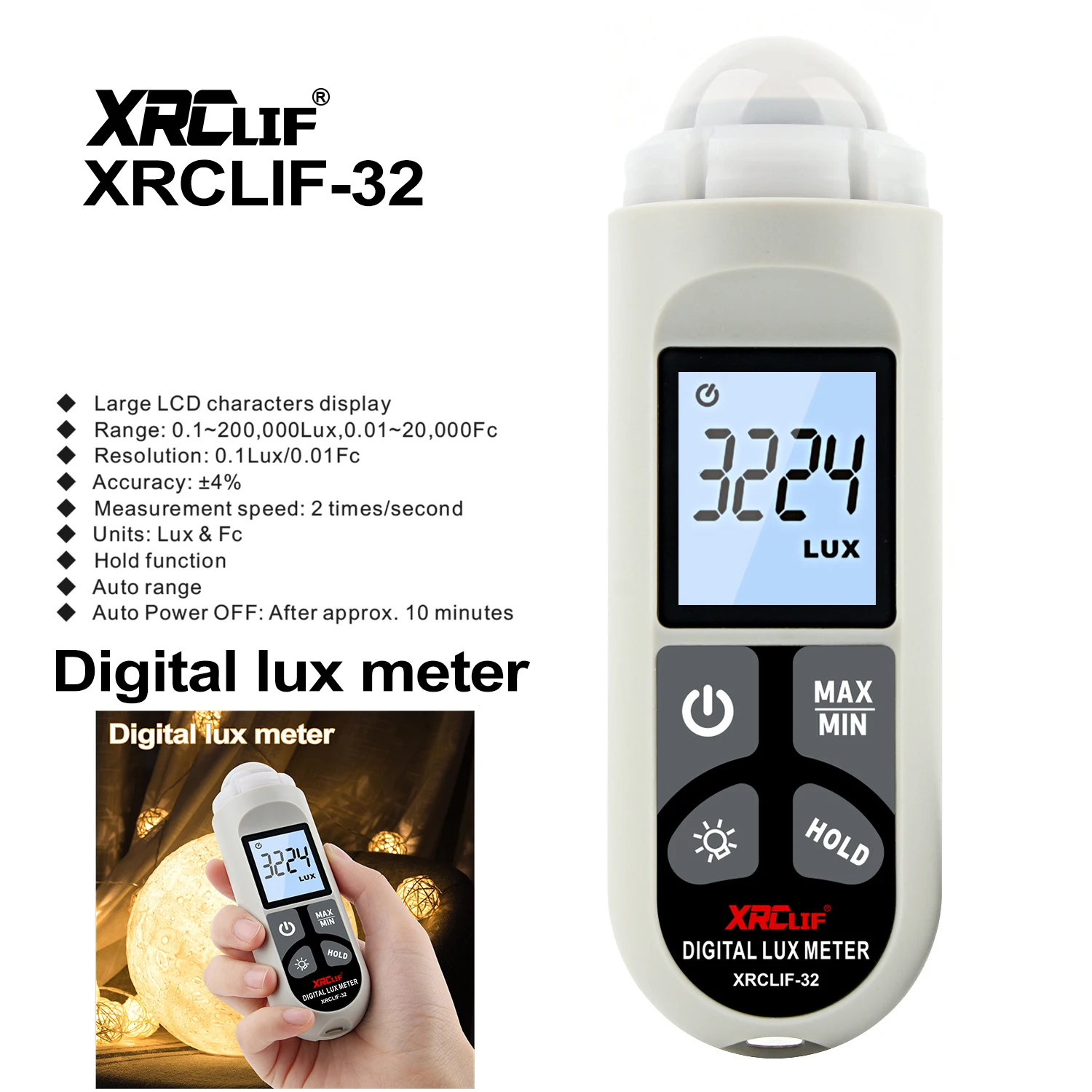 XRCLIF Digital Lux Meter 0.1-200000 lux Light meter Photography luxmeter Illuminometer Lux Fc Photometer Enviromental Tester