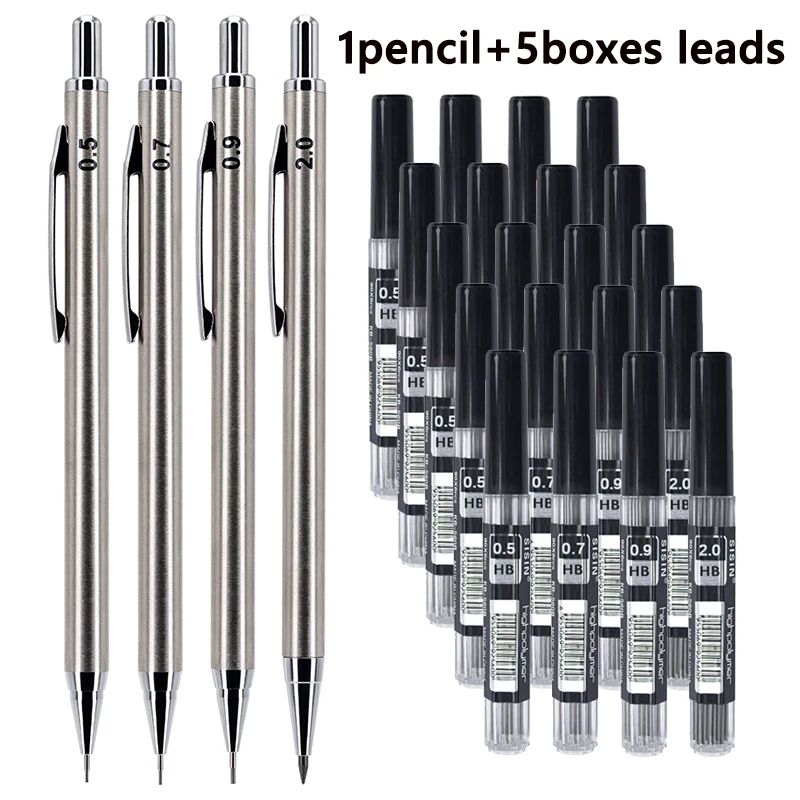 6pcs/set Creative 0.5 0.7 0.9 2.0mm Metal Automatic Pencil Set, Mechanical Pencil with Lead Refill for School Writing Stationery