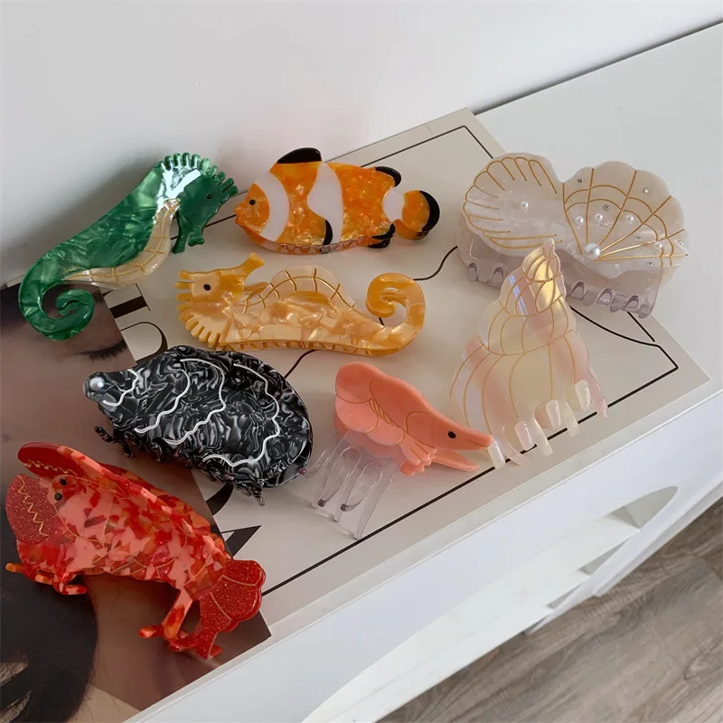 Cute Ocean Animals Grampo de cabelo para mulheres, lagostins Clownfish Seahorse, Claw Clips, Engraçado Shell Hairpin, Headwear Acessórios, Presente