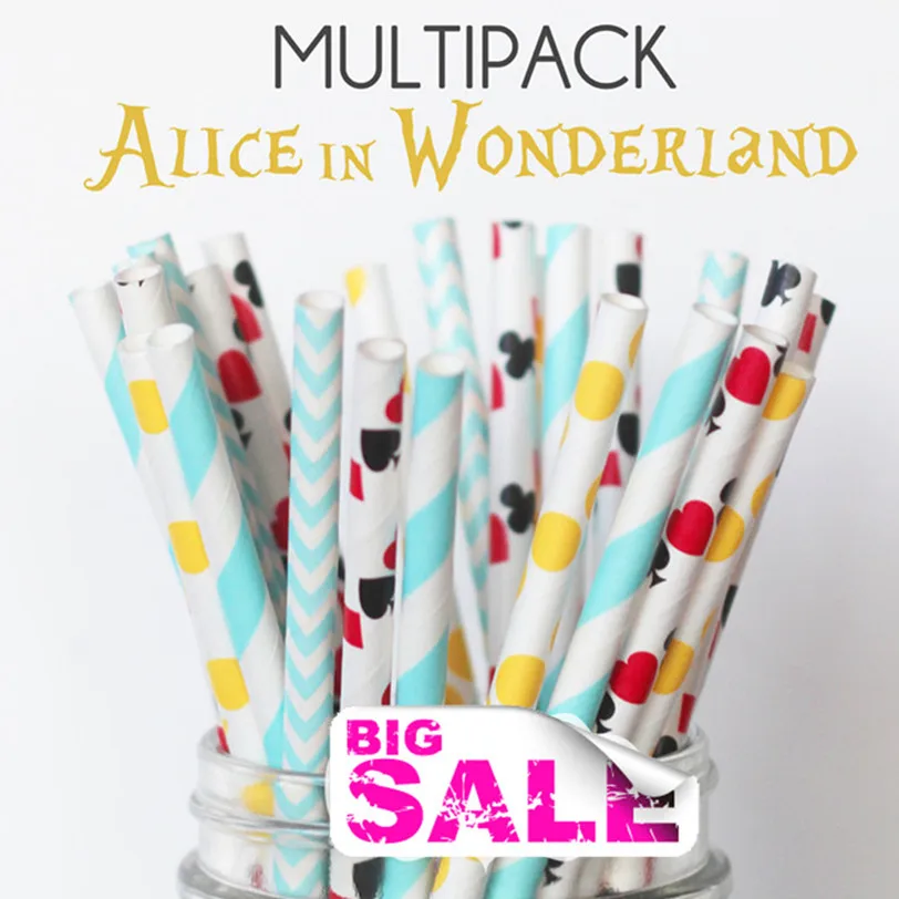 100 Pcs Mixed Colors ALICE IN WONDERLAND Paper Straws,Chevron,Dot,Vintage,Deck of Cards,Casino,Heart,Birthday,Party Straws