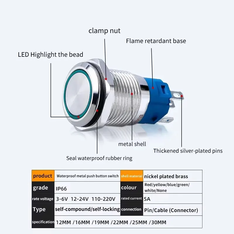 16mm Flat IP66 Waterproof Metal Push Button Switch LED Illuminated Red/Blue Momentary Or Latching for Car 3-6V 12-24V DC