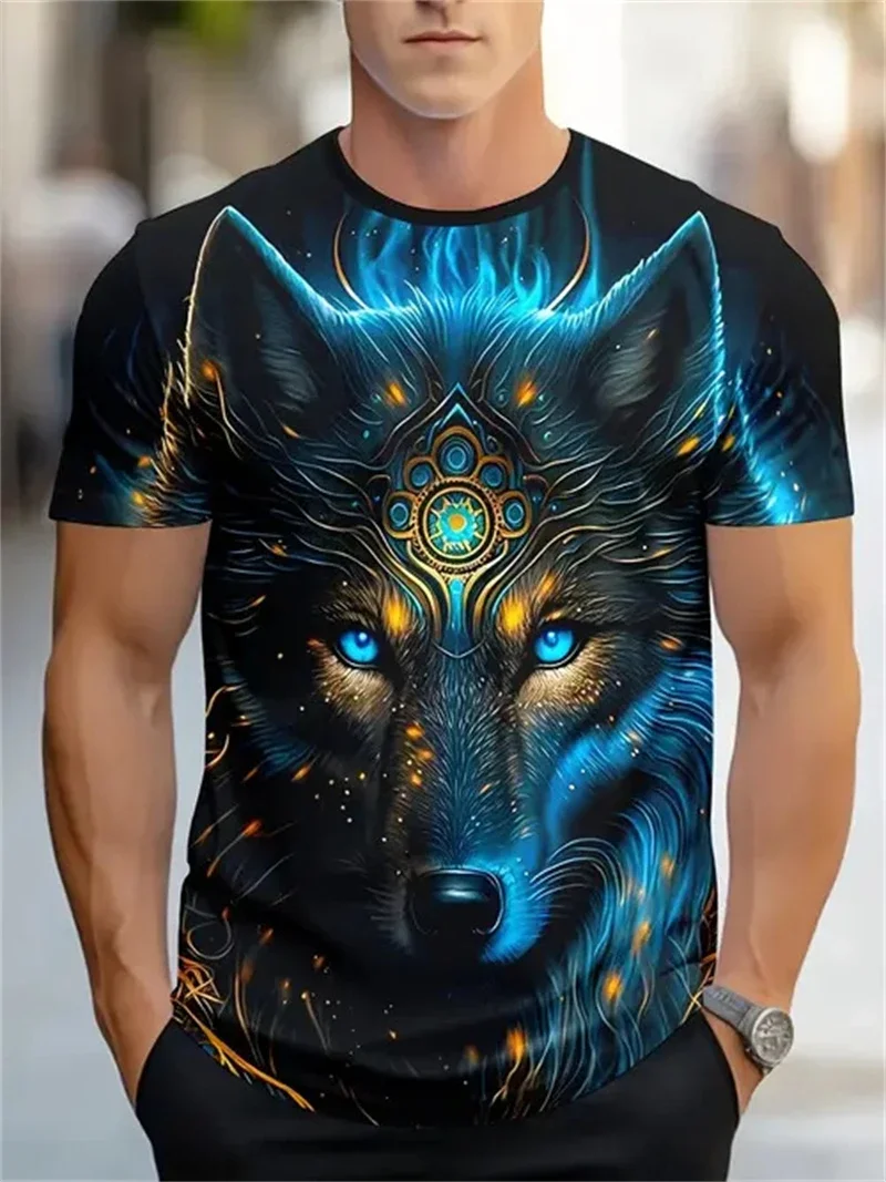 Herren-T-Shirt mit mystischem Wolf-Print, blau-golden, Rundhalsausschnitt, kurze Ärmel, coole Streetwear, lässiges, atmungsaktives Oberteil