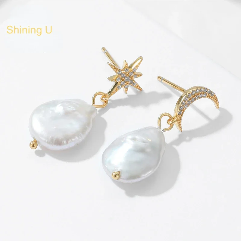 

Shining U S925 Silver Baroque Pearl Moon and Star Drop Earrings Asymmetric Fine Jewelry Party