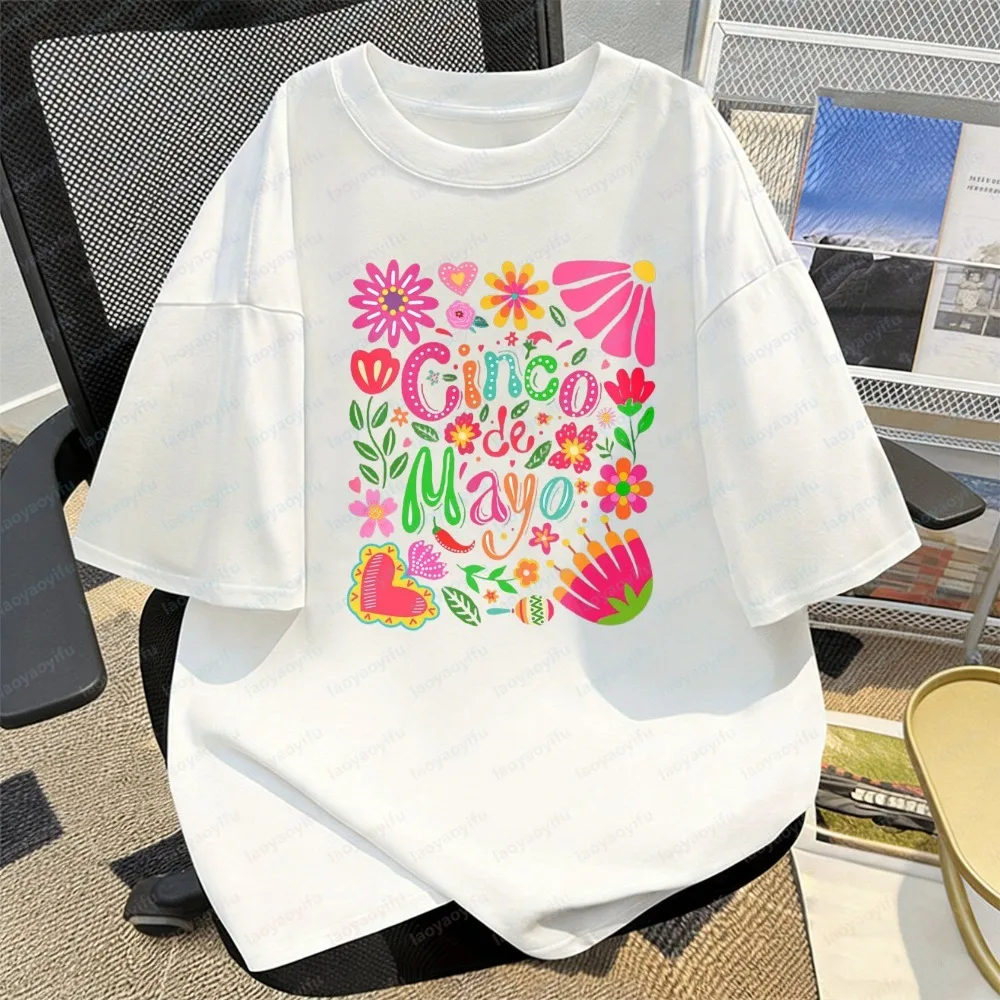 Cinco De Mayo Floral Cotton T-Shirt Mexican Fiesta Graphic Tee Cute Boho Holiday Casual Tops Y2k Trend Summer Clothes for Women