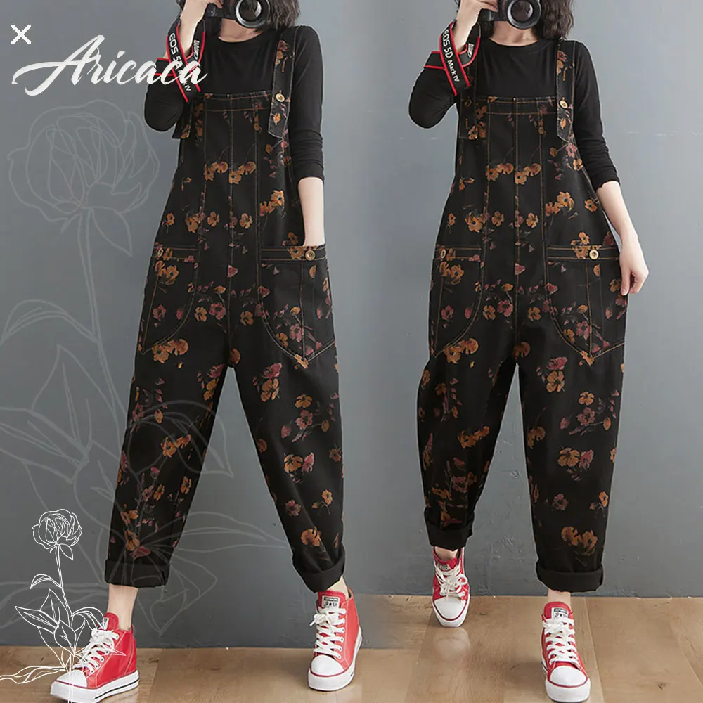 

Aricaca Printed Loose Jeans Jumpsuit Women Casual Oversized Baggy Pants Big Pockets Denim Overalls