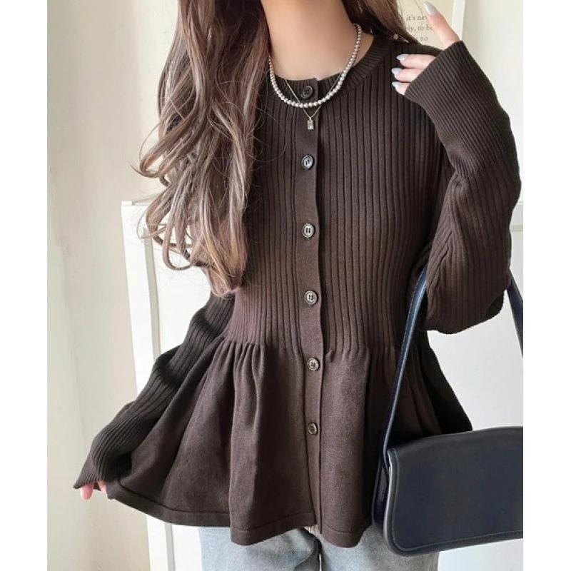 

2025 New Autumn Winter Solid Color Cardigan for Women's Top Fashionable Ruffle Hem Knitted Sweater Coat