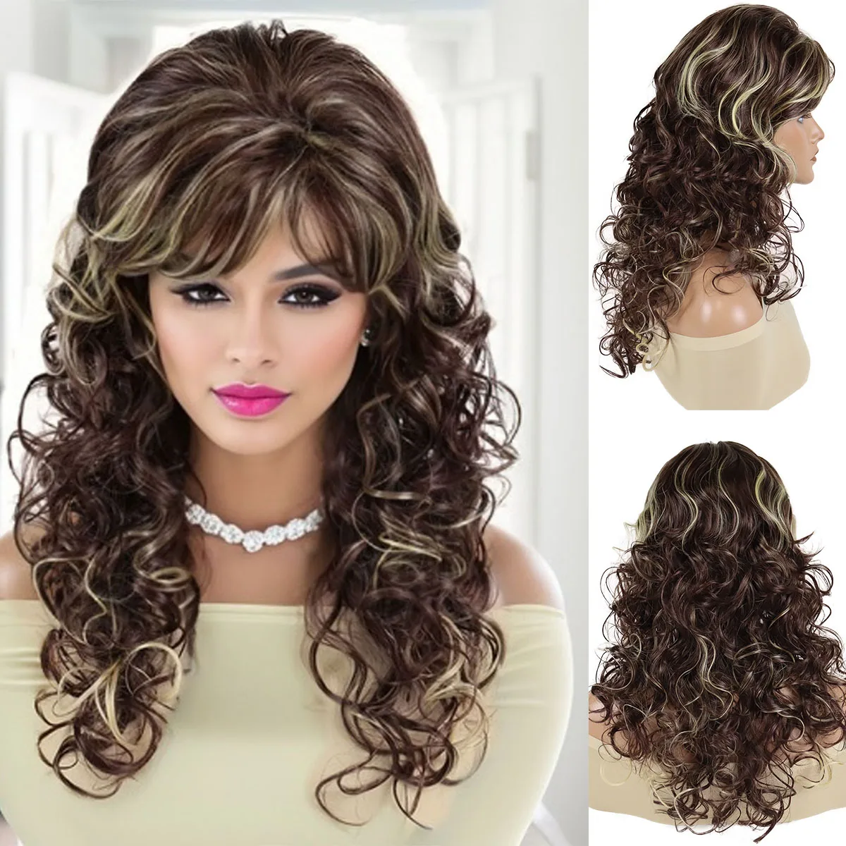 

GNIMEGIL Synthetic Mommy Wigs for Women Long Curly Hair Wig with Bangs Brown Highlights Blonde Hairstyles Elegant Natural Daily