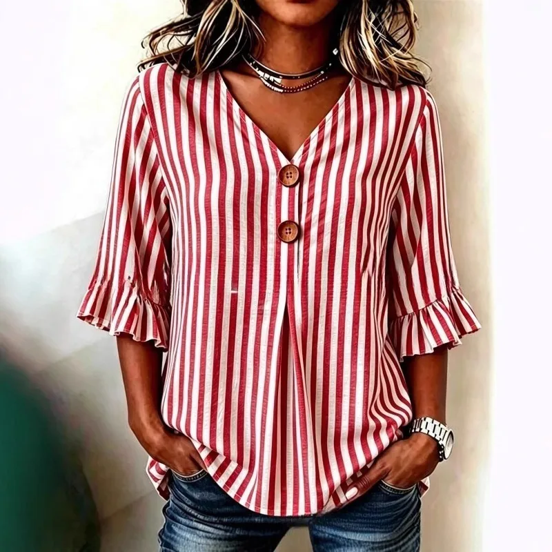 

Vestidos Summer Sexy V Neck Contrast Striped Pullover Top 2026 Elegant French Half Sleeved Ruffled Bohemian Shirt Top Vacation