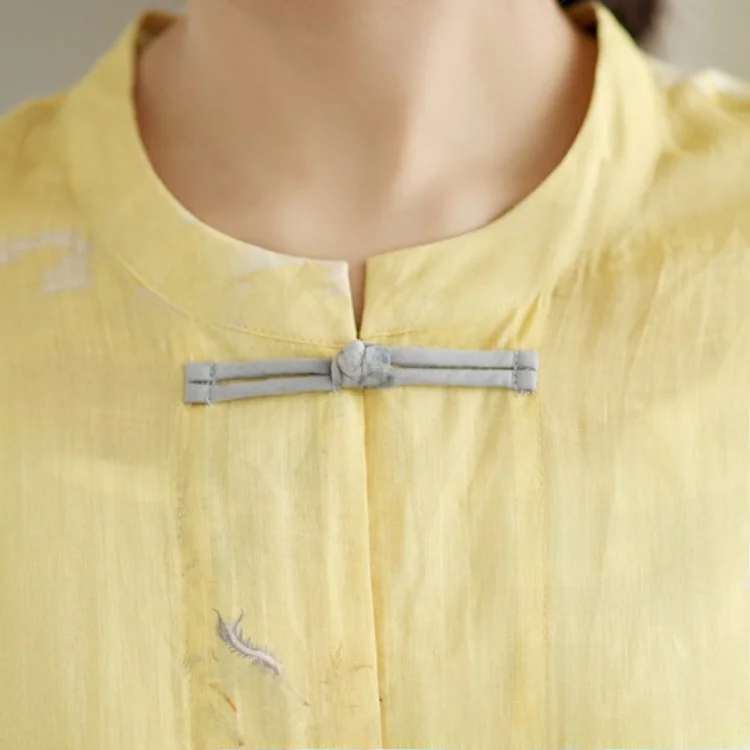 Retro Sle Button up Cotton Linen Print Long Sve Stand Collar Batwing irt Sun Protection Outerwear for plus Size Women