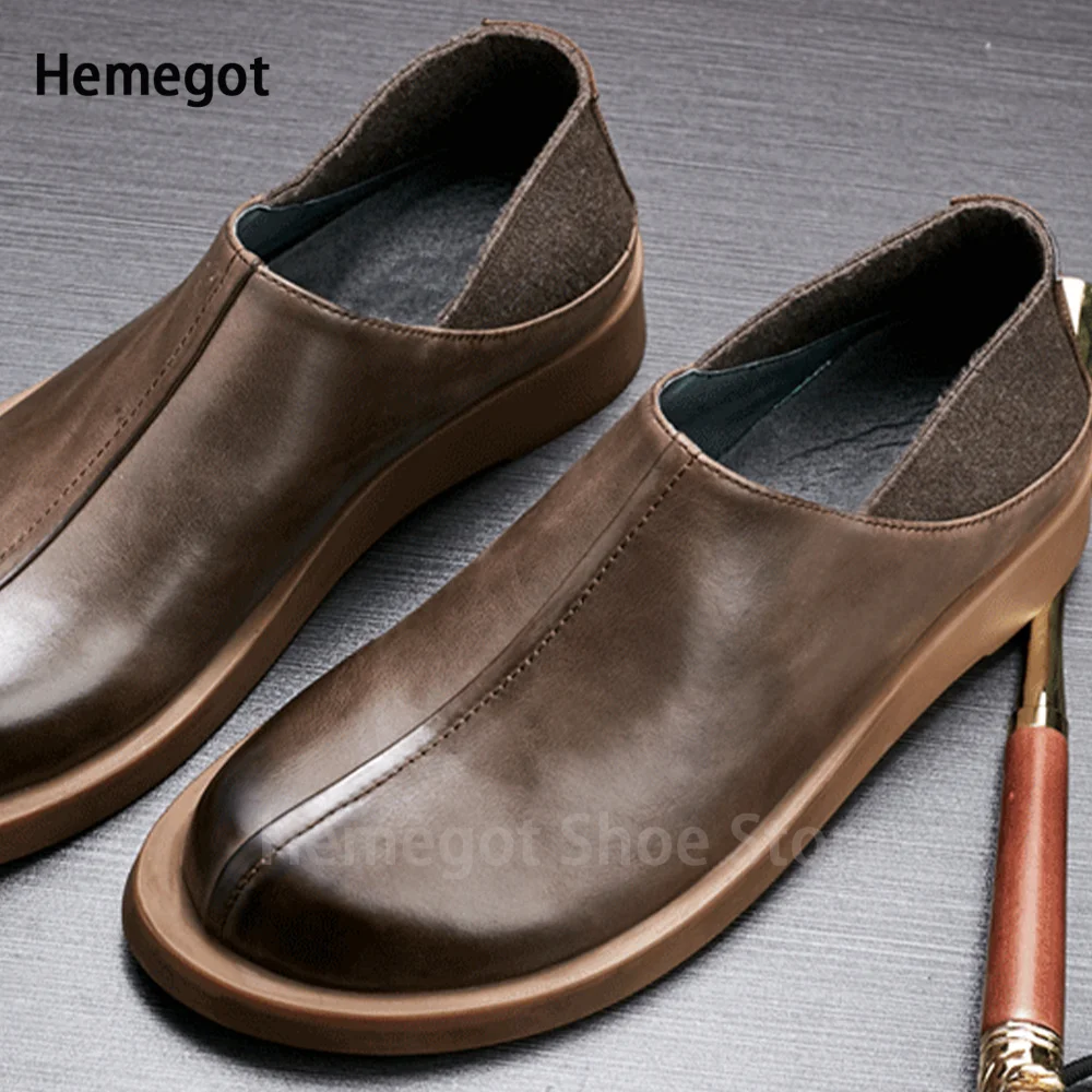 

Brown/black Leather Loafers Men's Shoes Round Toe Slip On Flats Wear-Resistant Breathable Solid Color Shoes Handmade Men's Shoes