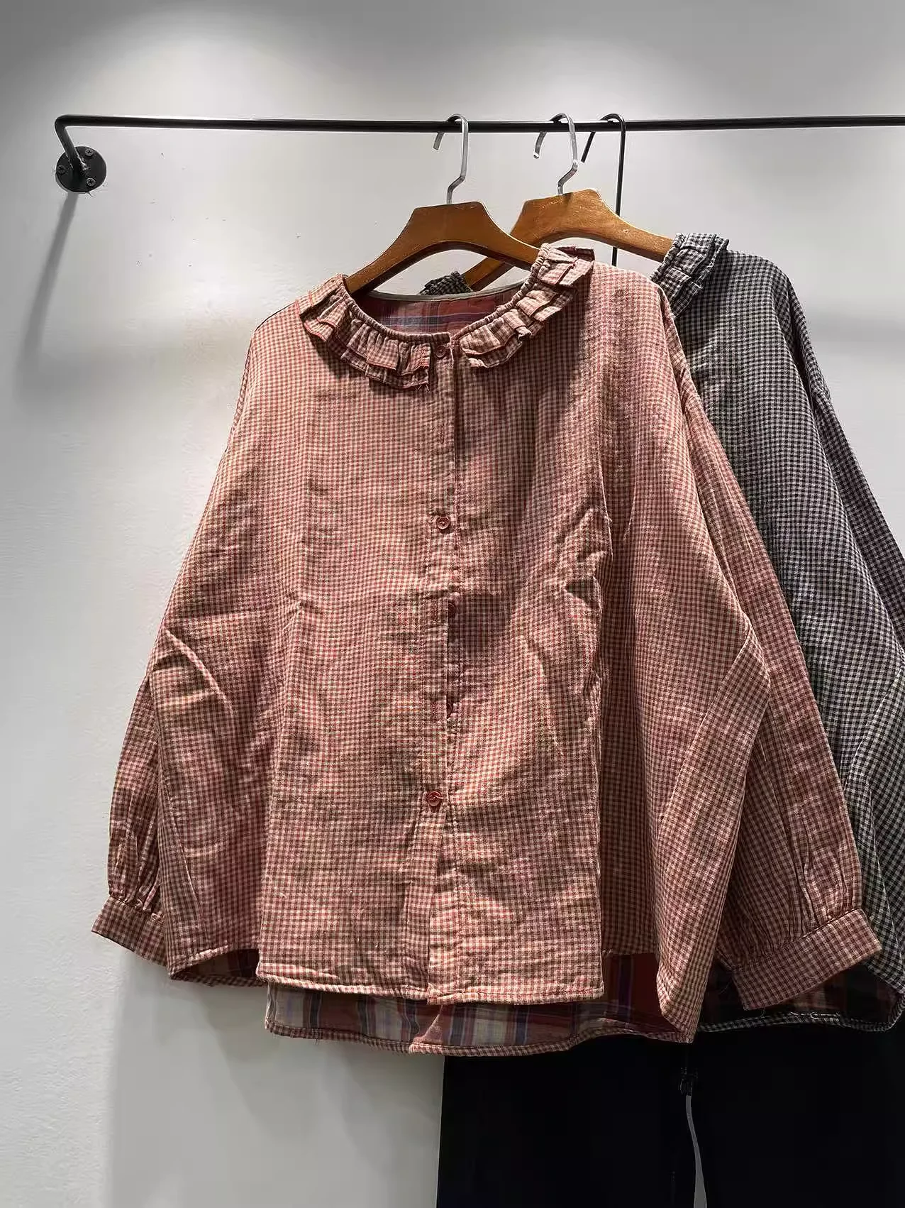 

Винтажная одежда Bust 122 см, осенние рубашки и блузки в клетку с рюшами и воротником в японском стиле для девочек, топы большого размера из хлопчатобумажной пряжи