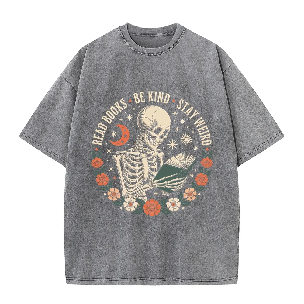 Funny Men T-Shirt Read Books Be Kind Stay Weird Skull Bookish Boho Cute Black Printing Cartoon Graphic Clothing Cotton Tee Shirt