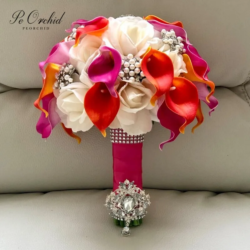 PEORCHID-Bouquet de Mariage Luxueux Rose Vif et Orange, Lys Calla, Poubelle Artificielle, Patients en Clip Scintillant, Fausses Fleurs, Broche