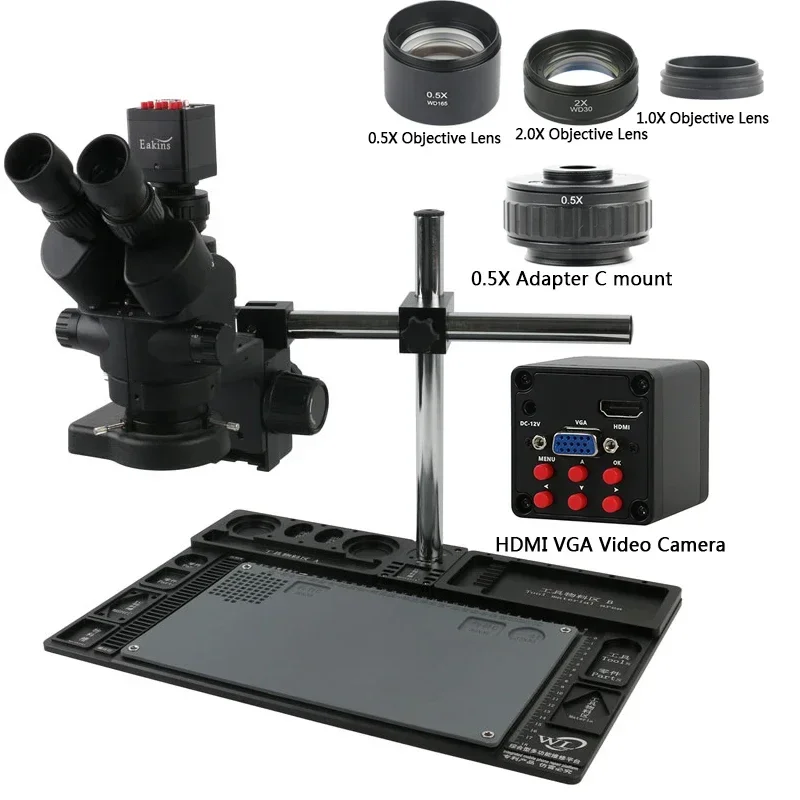 7X-45X Zoom Simul Focal Trinocular Stereo Microscope + Multifunction Aluminum Alloy Stand+ 1080p HDMI VGA Video Camera+144 Light