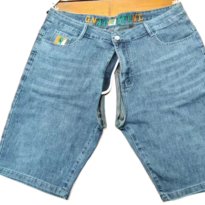 

Men's Denim Shorts Invisible Zipper Open Pants Summer Thin High-end Elastic Loose Straight Printing Thin Five-point Medium Pants