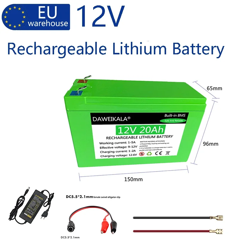 Batterie lithium-ion 12V 20Ah 18650 avec BMS, haute puissance 360W, rechargeable, pour pulvérisateur, avec BMS et chargeur, batterie lithium solaire DIY, qualité A