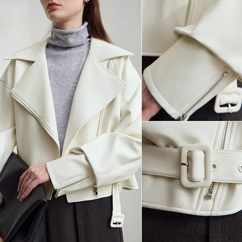 เสื้อแจ็คเก็ตหนังผู้หญิง AMII รุ่นใหม่ประจำฤดูใบไม้ร่วงปี 2025 สไตล์มินิมอลทรงหลวม เสื้อคลุมสั้นสำหรับผู้หญิง ซิปยาว แขนยาว รุ่น 12543043