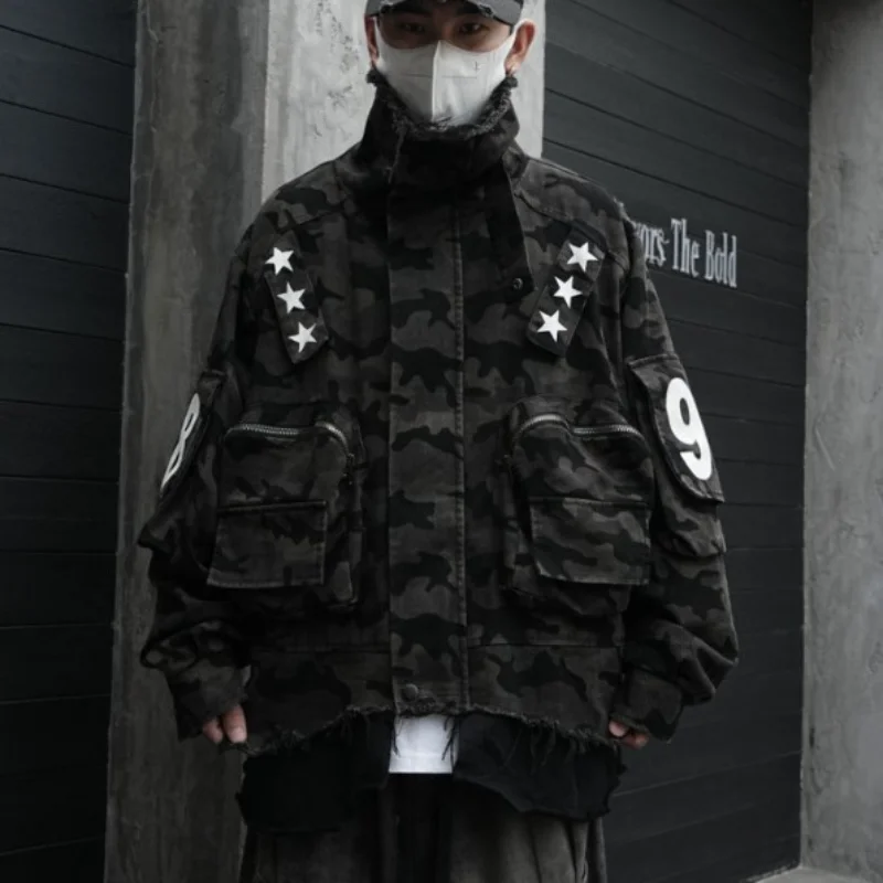 MWJLPWQ American Camouflage Frayed Work Jacket Male Distressed Stand-Up Collar Denim Street Functional Faux Two-Piece Tops 20642