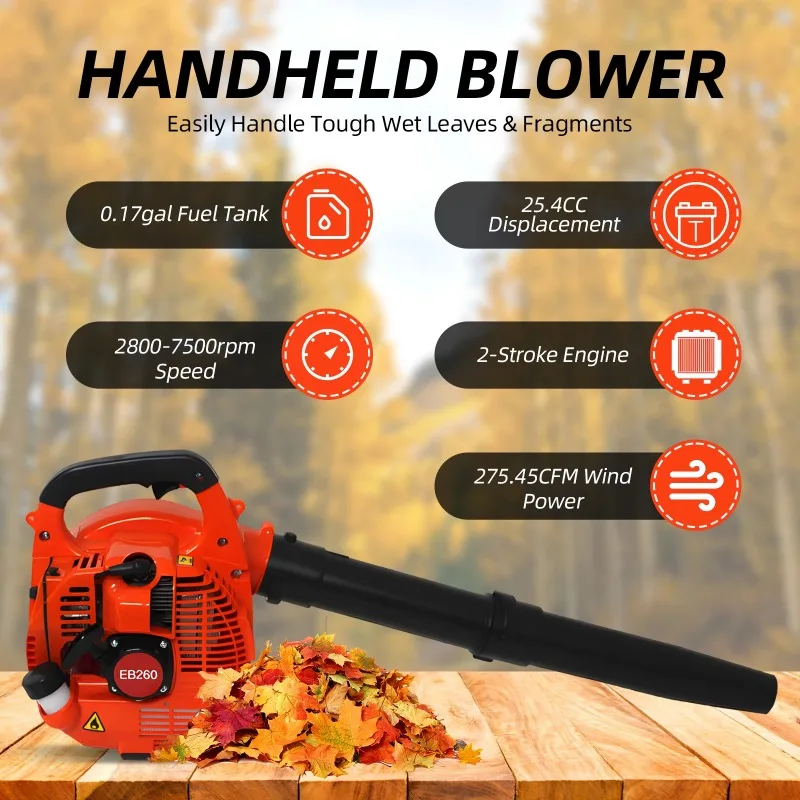Powered Leaf Blower 2 Stroke Engine 25.4CC 275.45CFM Air Volume 0.65L Oil Tank Handheld Blower Powerful Wind Snow Blower