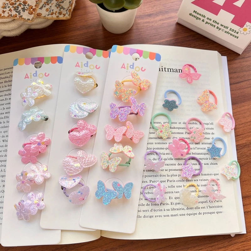 10 Pcs/Set Cute Colorful Butterfly Flower Hair Bands For Girls Ponytail Holder Soft Scrunchies Rubber Band Kids Hair Accessories