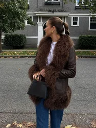 Women Fashion Faux Fur Leather Splicing Jacket Chic Solid Lapel Long Sleeve Pocket Thick Coat 2024 Lady Winter New Warm Outwear