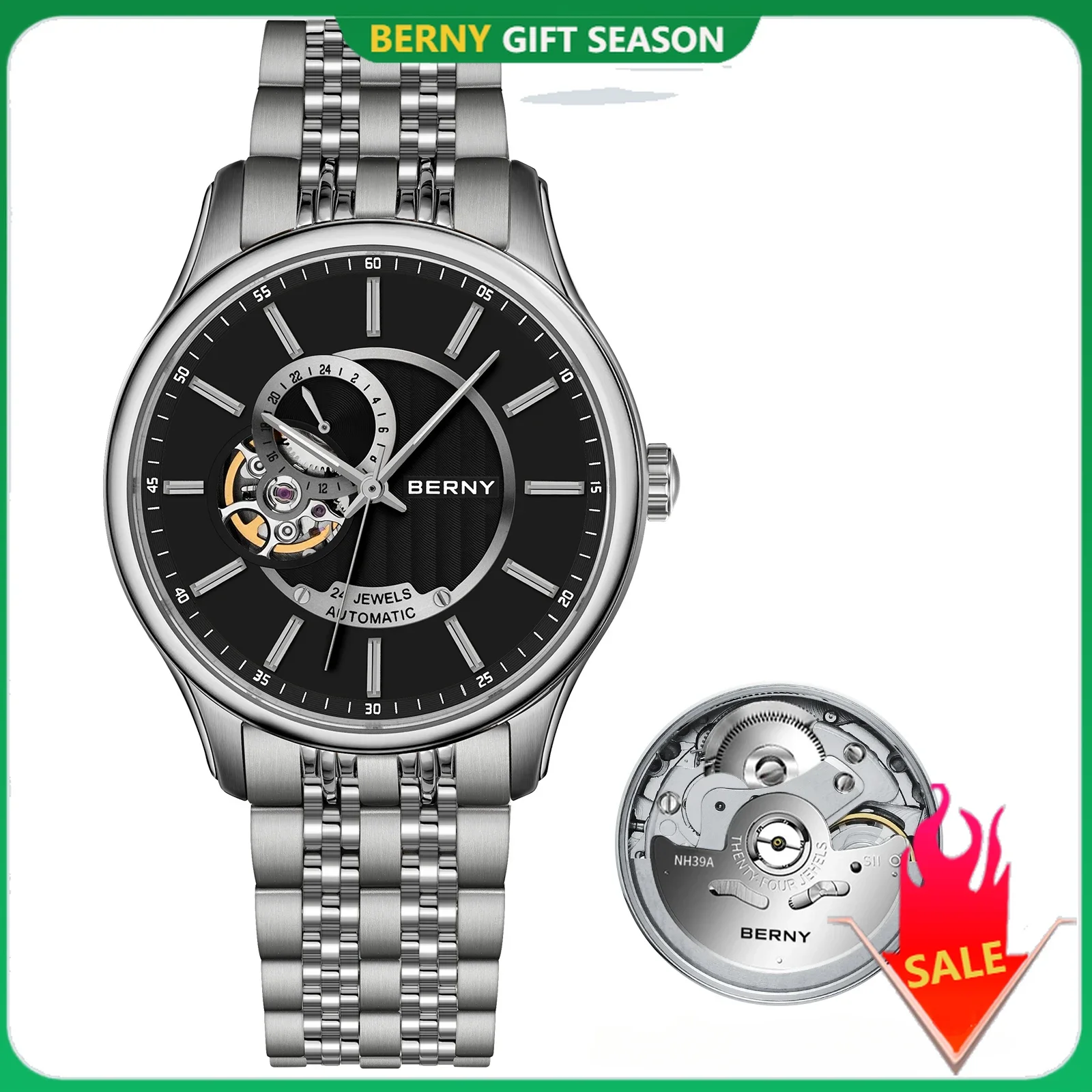 BERNY Automatic Men Watch Full Stainless Steel Mechanical Wristwatch High-end Luxury Man Watches NH39 Perspective Sapphire