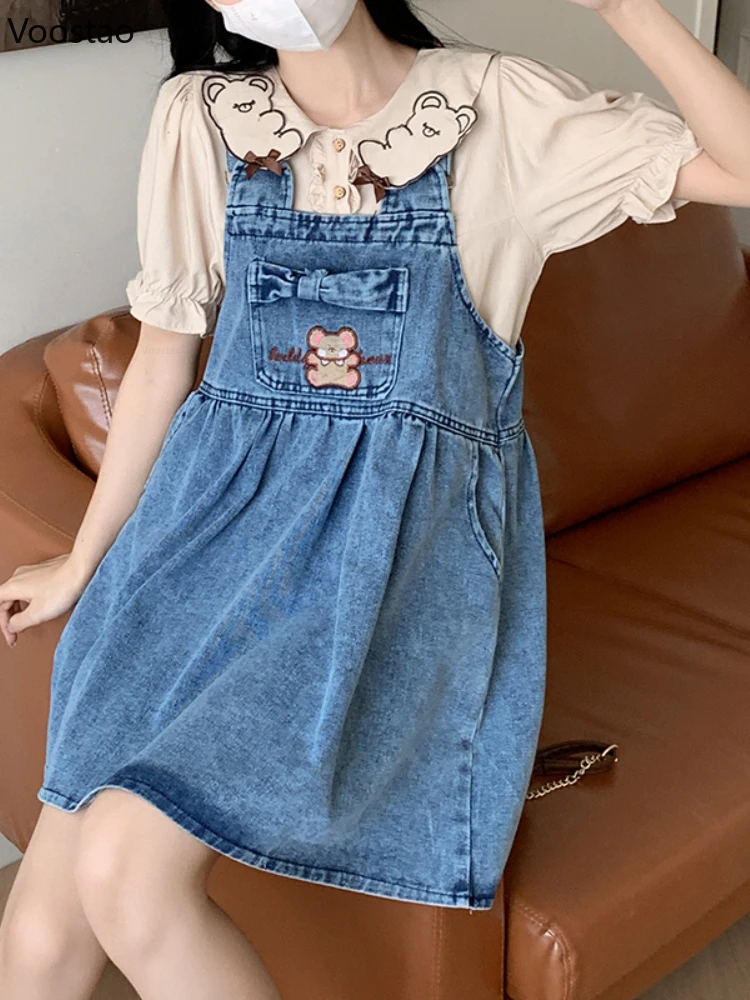 Sweet Lolita Style Princess Tank Dress Set Women Cute Bear Peter Pan Collar Puff Sleeve Shirts Denim Dresses Suit Girl 2PC Sets