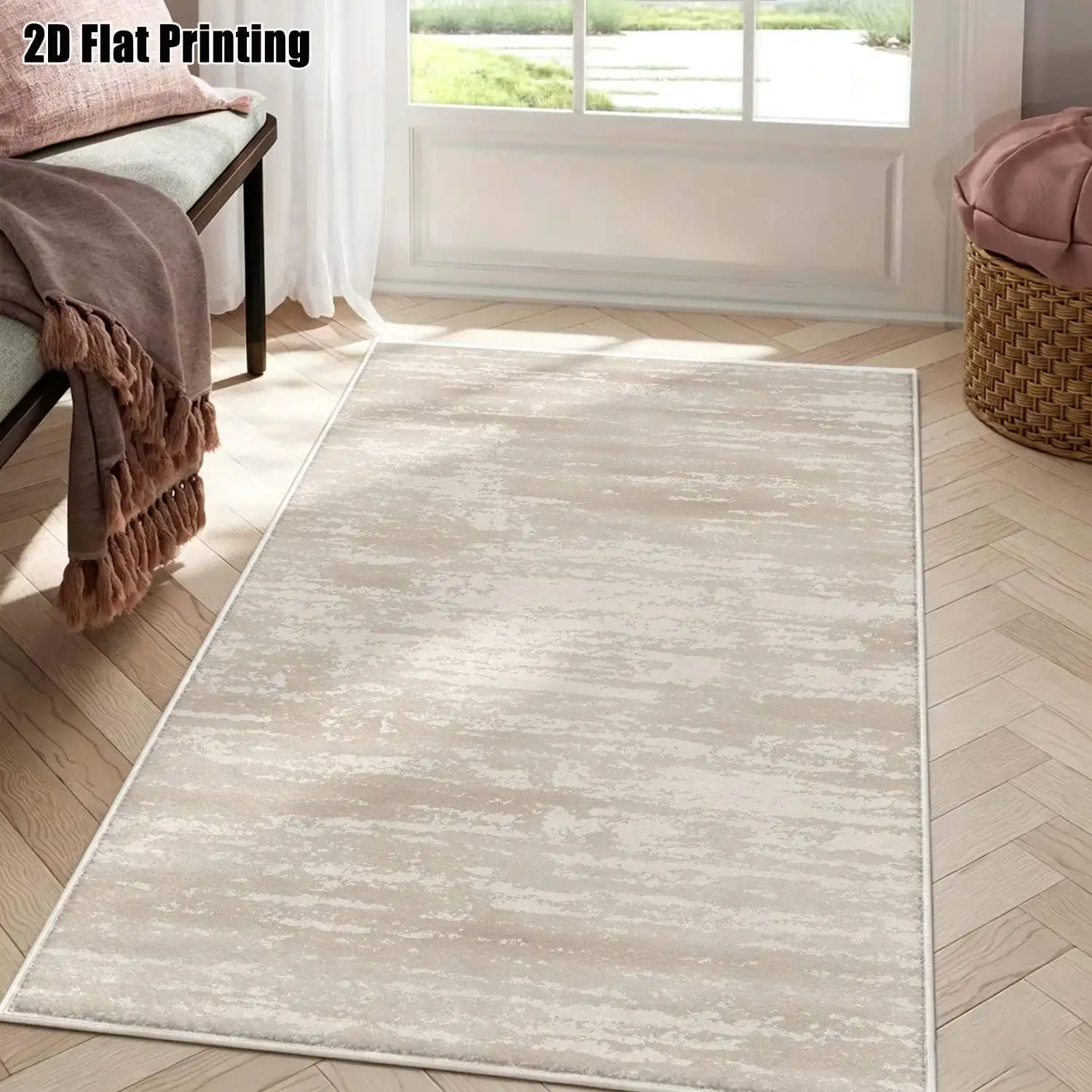 1Pc 2D Printed Velvet Carpet, Beige Abstract Texture Nordic/Instagram Style, Modern Minimalist Vintage Geometric Striped Floor Mat, Machine Washable, Multi-Size for Home Decor: Entryway, Dining Room, Foyer, Living Room, Bedroom, Study.