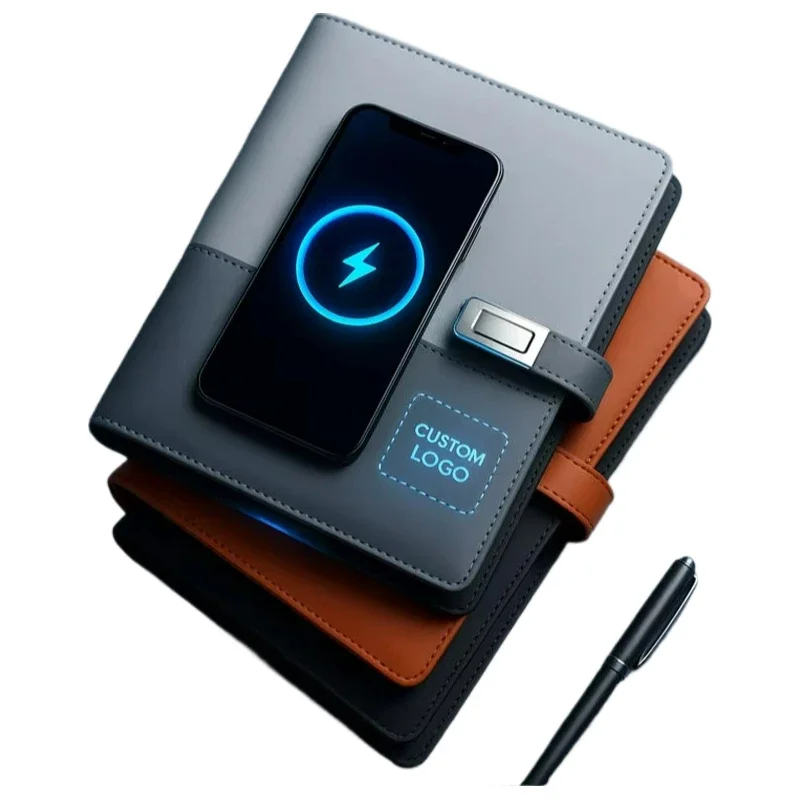 

Intelligent Leather Wireless Charging Notebook Portable Power Bank with Replaceable Paper Core USB Drive Locking Pen