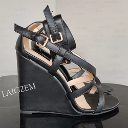 LAIGZEM Women Sandals Wedges Open Toe Straps High Heels Sandals Pumps Handmade Ladies Female Shoes Woman Large Size 39 41 44 48