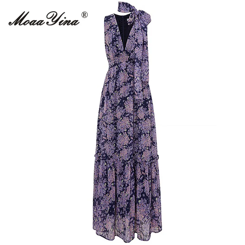 

MoaaYina Spring Fashion Runway Vintage Print Party Dress Women V Neck Sleeveless Frenulum Ruffle High Waist Slim Vest Long Dress