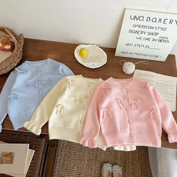 Childrens Clothing 2024 Autumn and Winter New Item Girls Bow Knit Cardigan Sweater Jacket Cute Baby Sweet Top Fashion