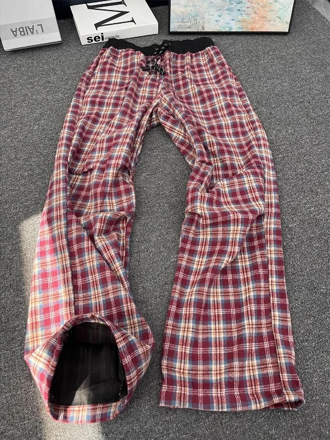 

Red Plaid Casual Pants Men Women Summer Thin Folded American Grid Wide Leg Loose Straight Micro Flared Pants