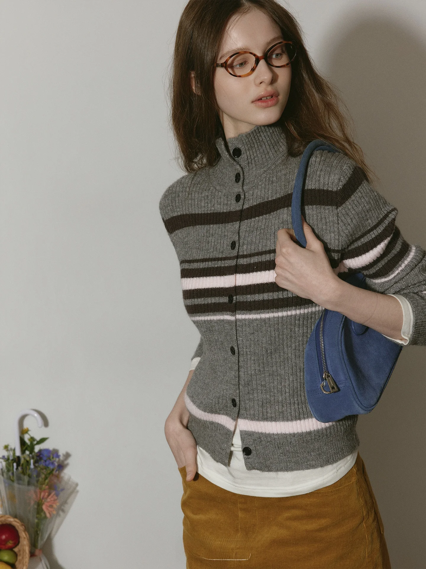 

Женский вязаный кардиган Relez в полоску с воротником-стойкой, универсальный повседневный свитер в корейском стиле для весны и осени