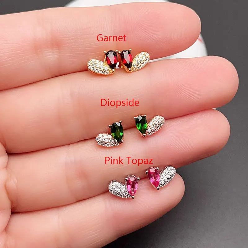 Small 925 Silver Garnet Earrings 3*5mm Natural Diopside Stud Earring 18k Gold Plating Pink Topaz Jewelry