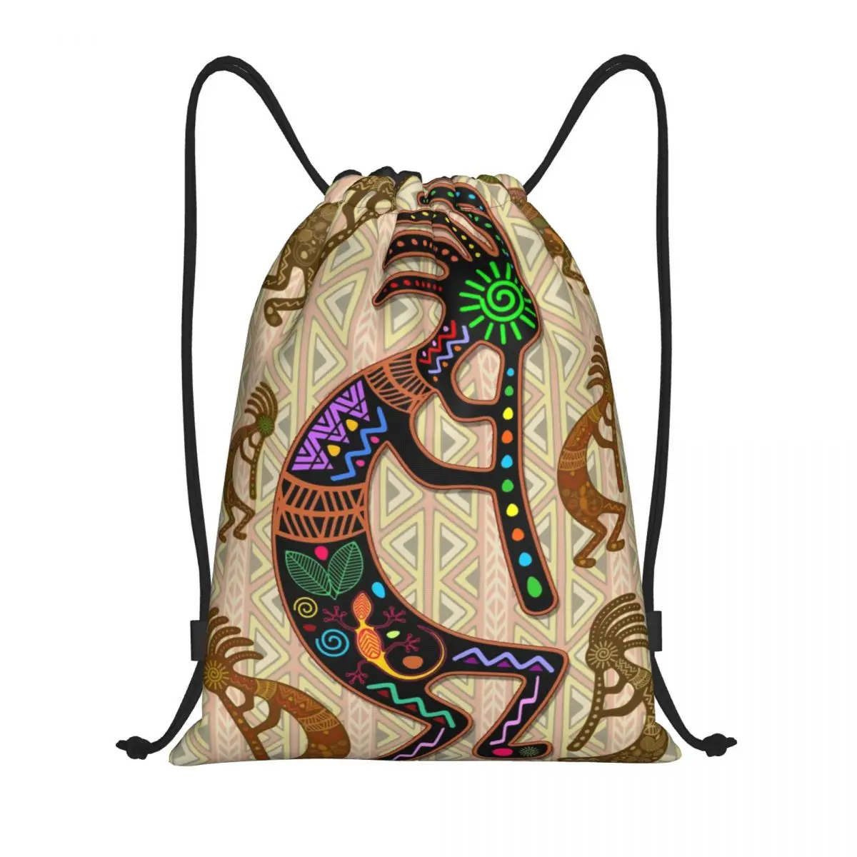 Kokopelli Rainbow Colors On Tribal Pattern Drawstring Bag Women Men Foldable Gym Sports Sackpack Shopping Backpacks