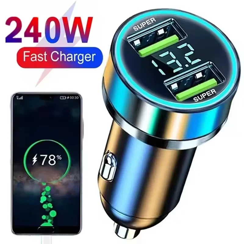 Carregador de carro de carregamento rápido, adaptador USB de 2 portas de 240 W com tela digital e luz ambiente, carregador de sistema de ignição e partida