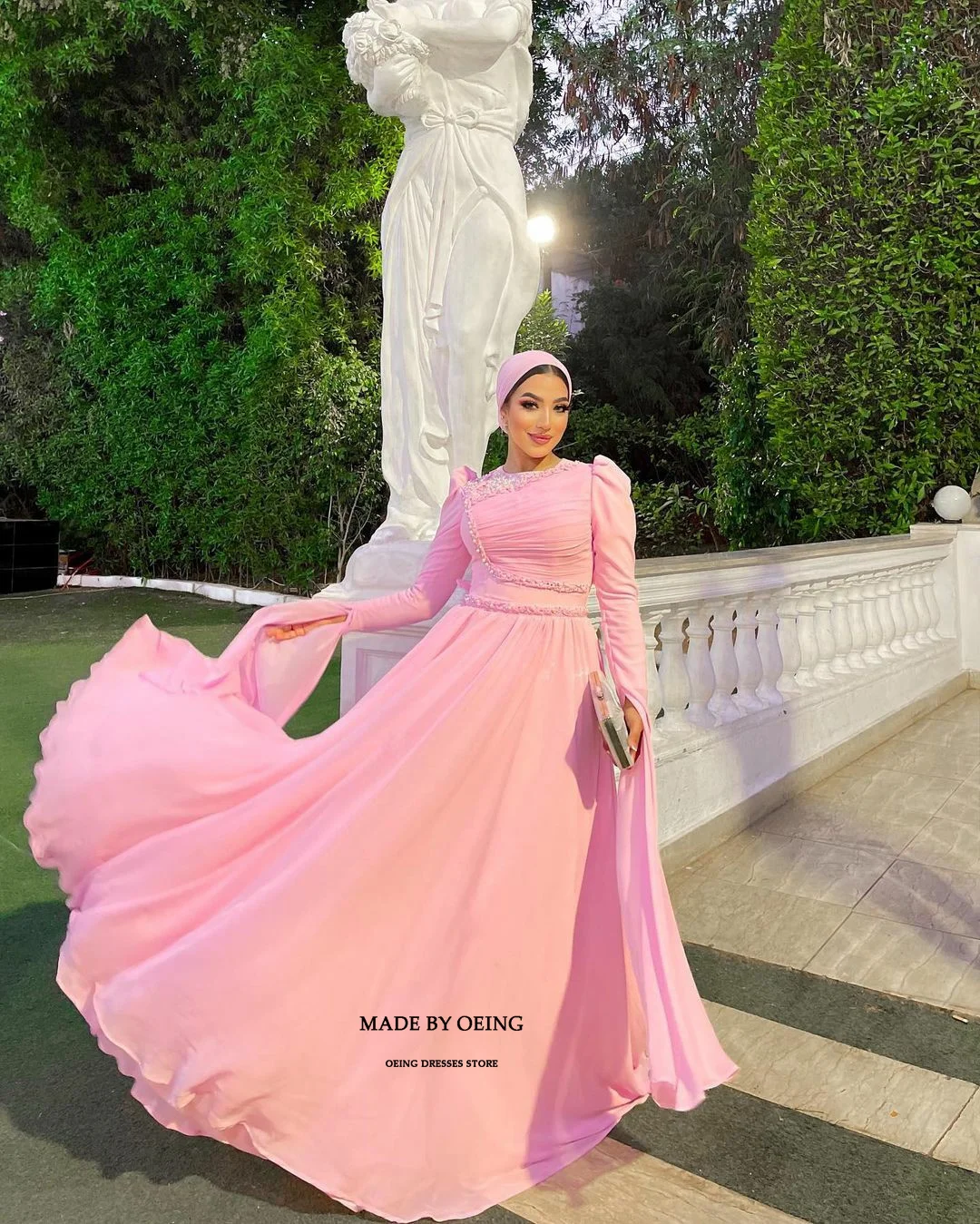 OEING Pink A-Line Prom Dresses Elegant Long Sleeves Muslim Evening Dress Formal Occasion Floor Length Gowns Vestidos De Novia