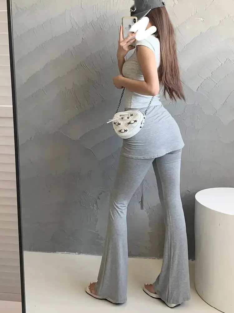 High Waist Micro Horn Casual Pants For Women Summer Design Fake Two Piece Strap Tight Slimming Floor Dragging Korean Women K7LX