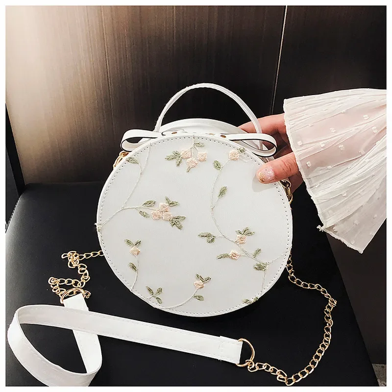 Shoulder Bag Embroidery Zipper Diagonal Bags Mobile Chain Bag Fashion Lace Women\'s Small Round Bag  Literary Chinese Style